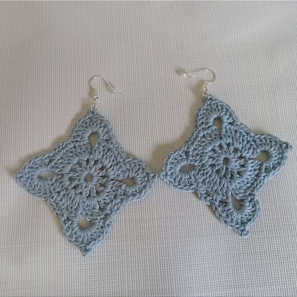 Handmade Light Blue Embroidery Floss Crochet Lightweight Dangle Style Earrings - Picture 3 of 10
